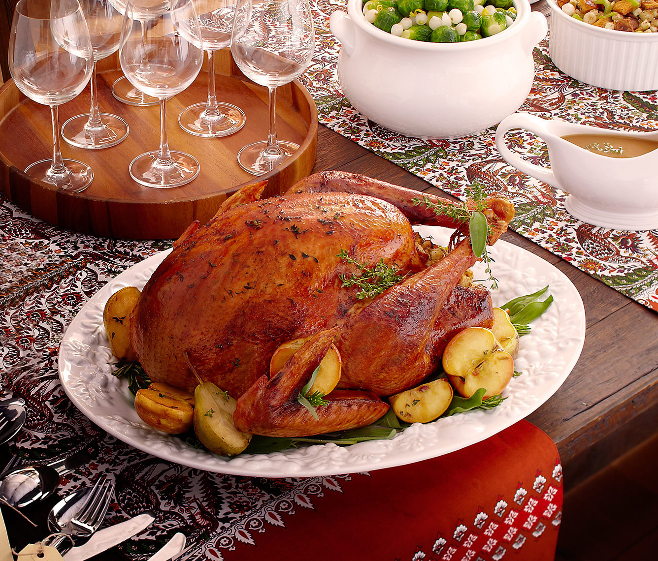 Turkey Dinner. Turkey, gravy, brussel sprouts and stuffing. Wine. Dinner Party. 